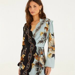 NWT FARM Rio Black and Blue Floral Long Sleeve Dress